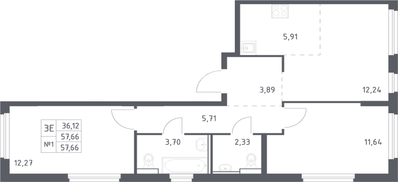 Планировка 3-комнатная 57,66 м²