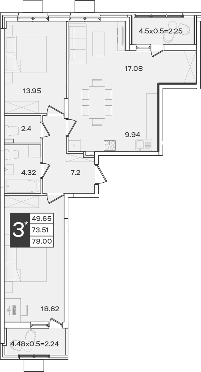 Планировка 3-комнатная 78 м²