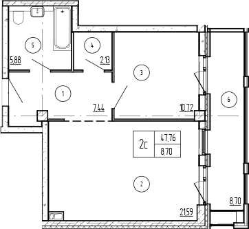 Планировка 1-комнатная 56,46 м²