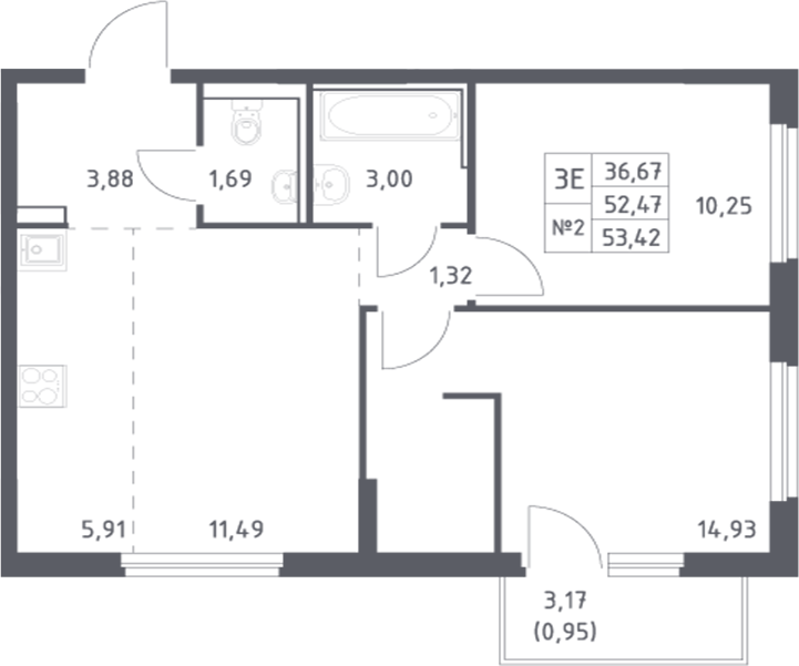 Планировка 3-комнатная 53,42 м²