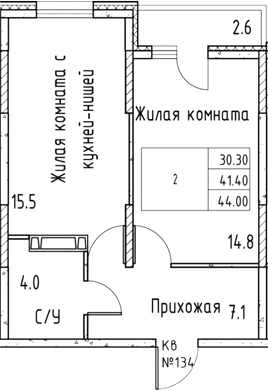 Планировка 1-комнатная 44 м²