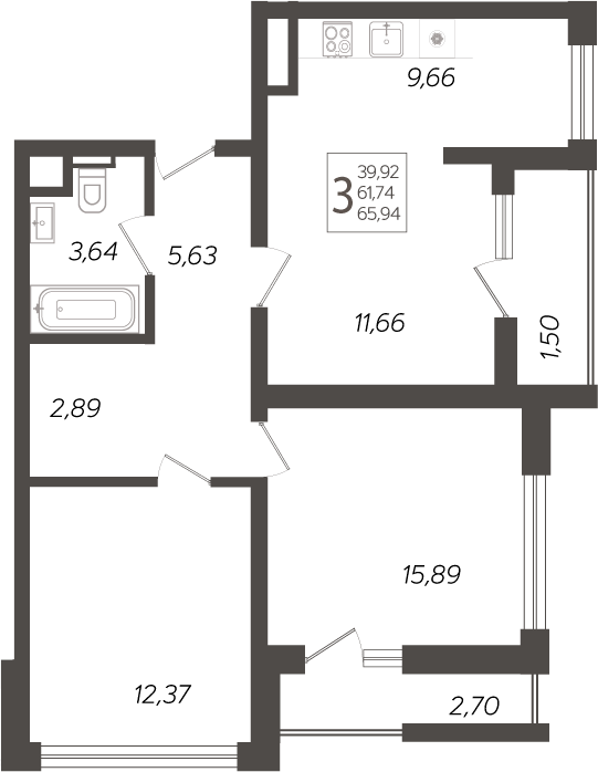 Планировка 3-комнатная 67,3 м²