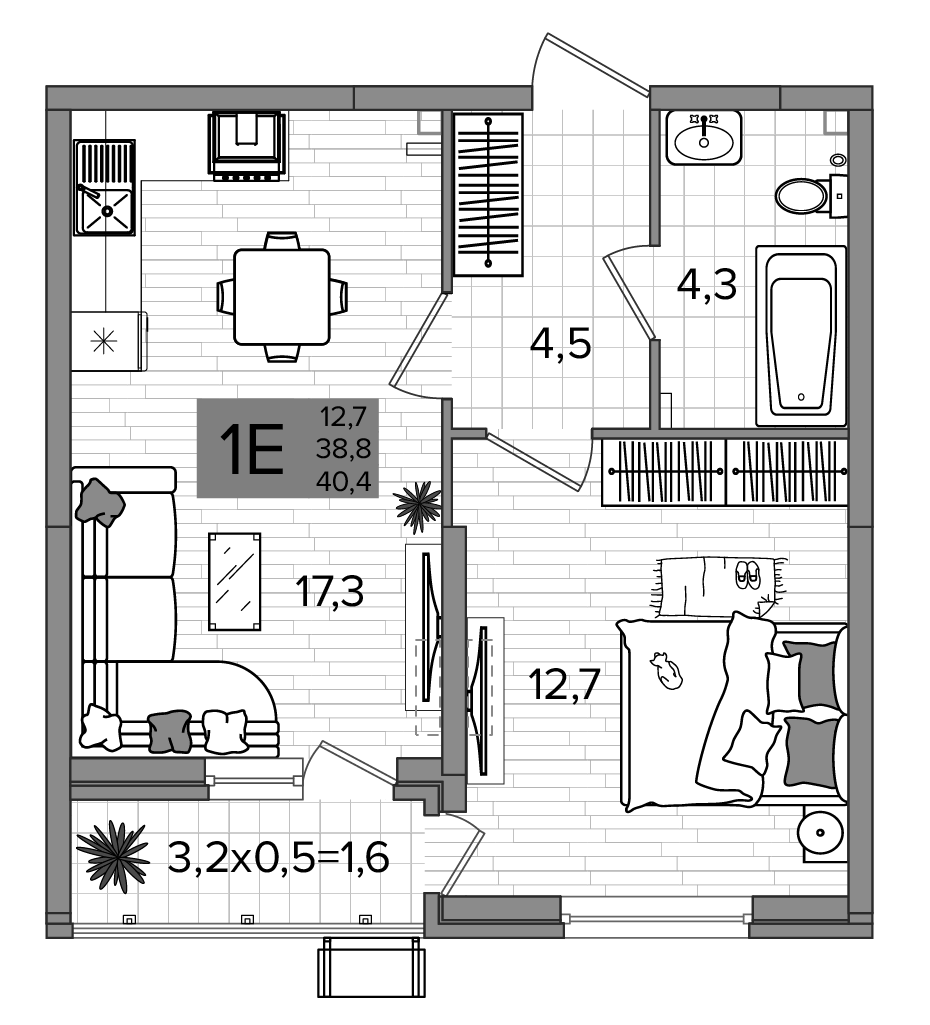 Планировка 2-комнатная 39,8 м²
