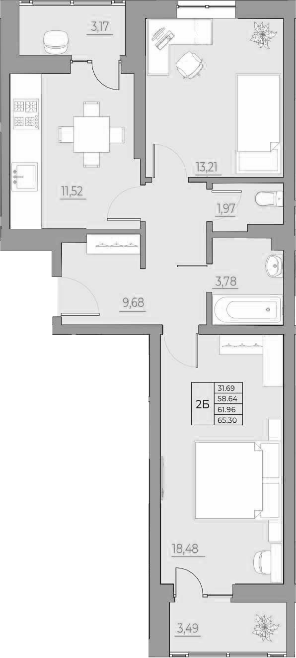 Планировка 2-комнатная 65,3 м²