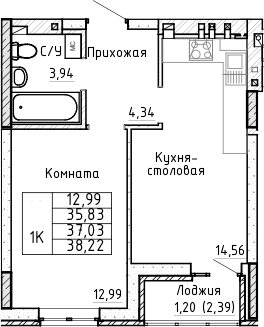 Планировка 1-комнатная 37,03 м²