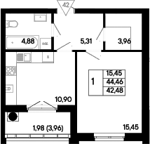 Планировка 1-комнатная 42,48 м²