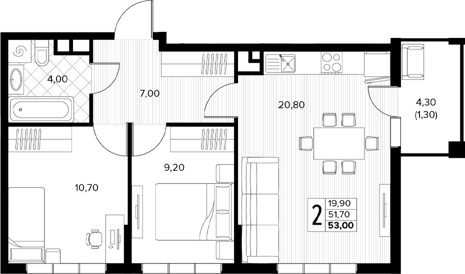 Планировка 2-комнатная 53 м²