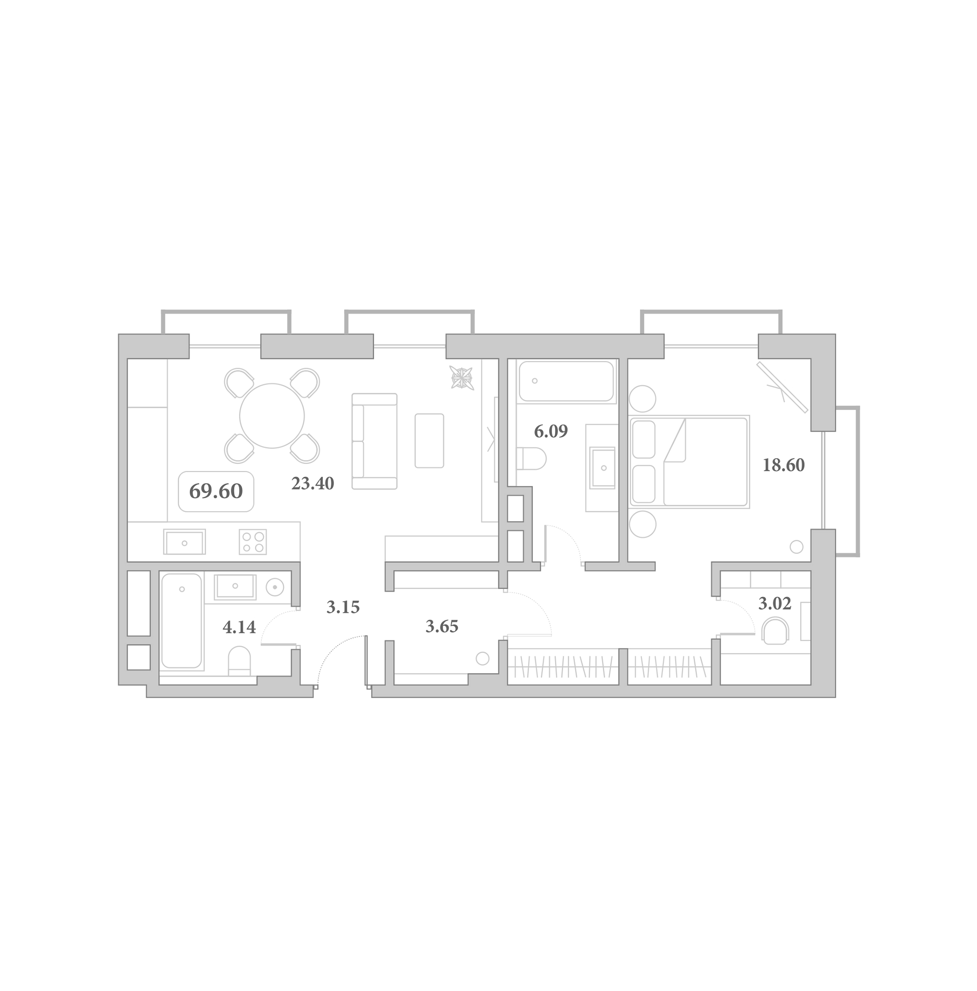 Планировка 2-комнатная 69,6 м²