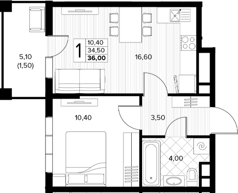 Планировка 1-комнатная 36 м²