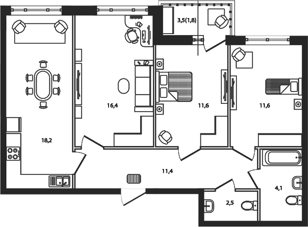 Планировка: 3-комн. квартира 77,6 м²