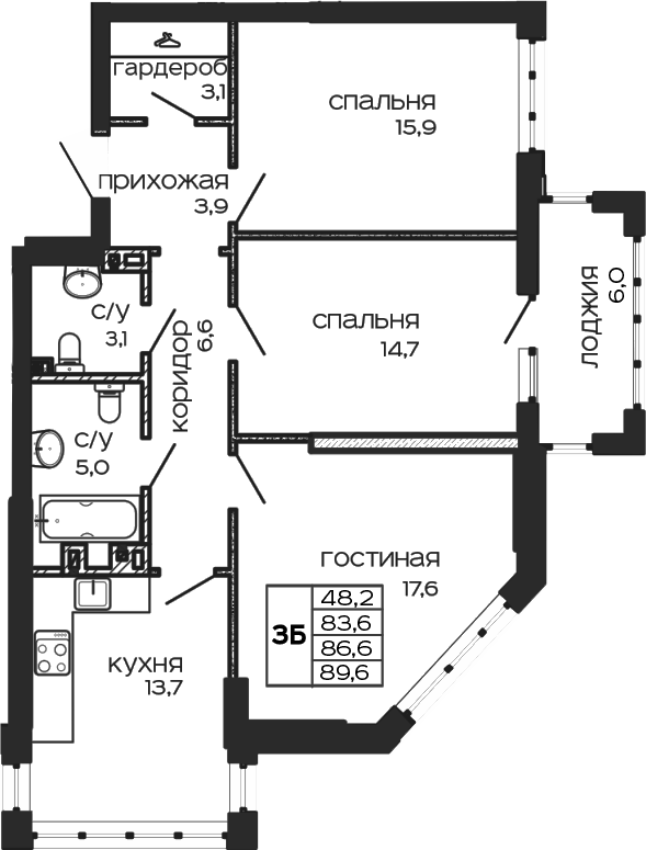 Планировка 3-комнатная 89,6 м²