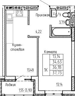 Планировка 1-комнатная 36,18 м²