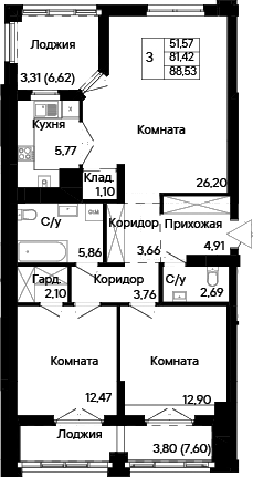 Планировка 3-комнатная 88,53 м²