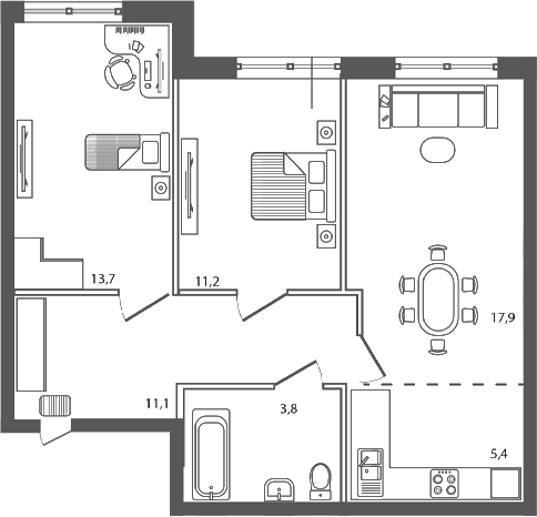 Планировка 3-комнатная 63,1 м²