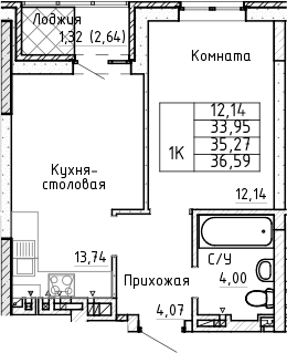 Планировка 1-комнатная 35,27 м²