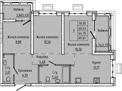 Планировка 3-комнатная 64,75 м²