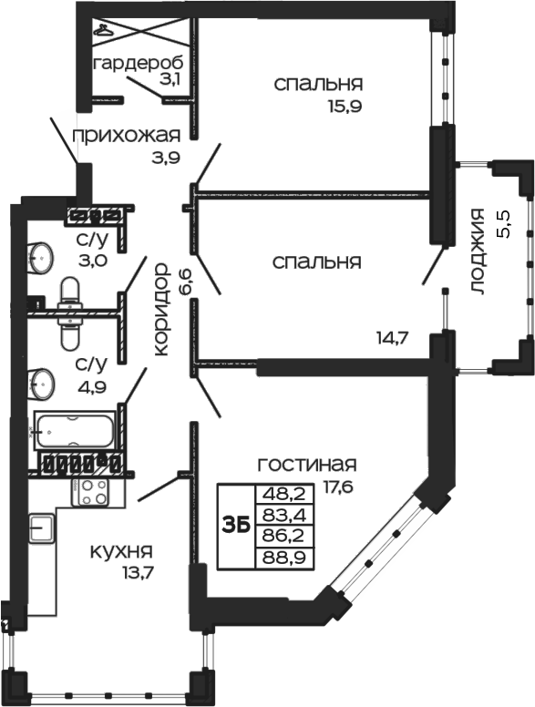 Планировка 3-комнатная 88,9 м²