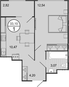 Планировка 1-комнатная 33,1 м²