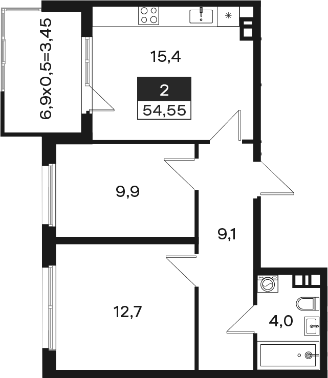 Планировка 2-комнатная 54,55 м²