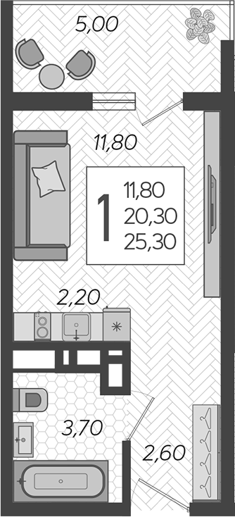 Планировка Студия 25,3 м²