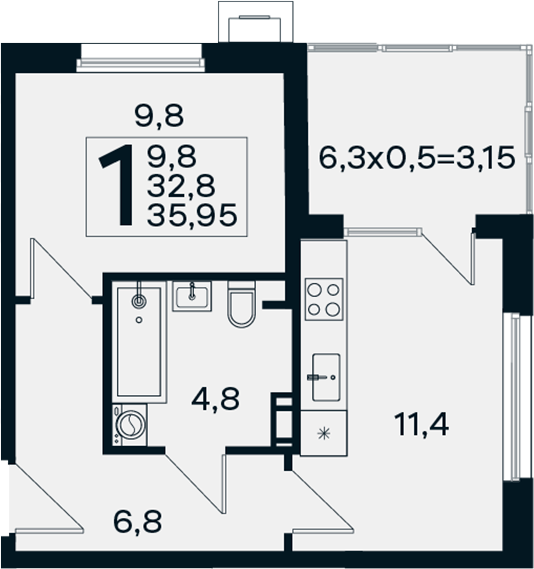 Планировка 1-комнатная 35,95 м²