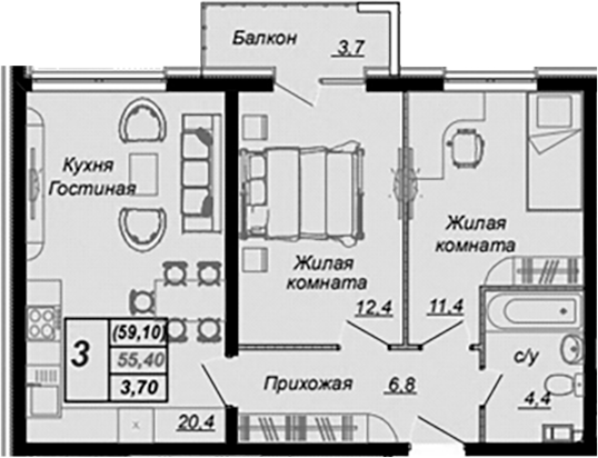 Планировка 2-комнатная 59,1 м²