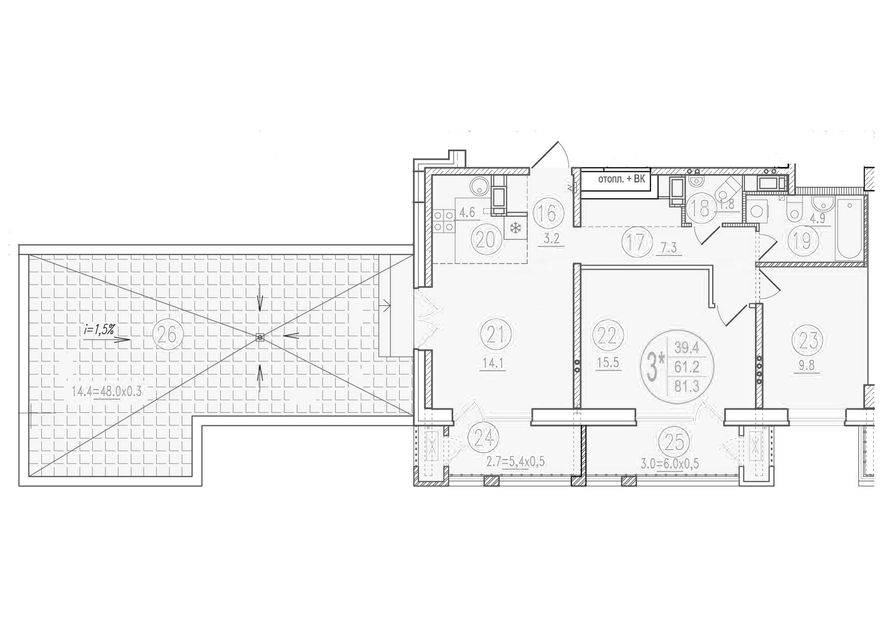 Планировка 3-комнатная 81,3 м²