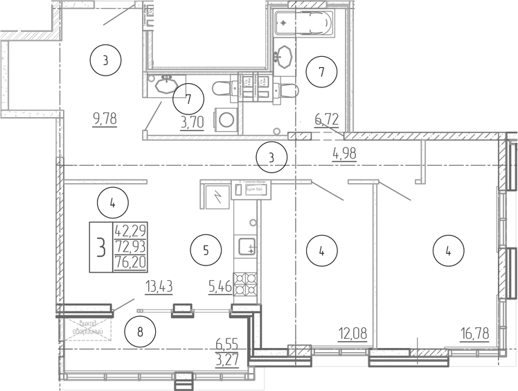 Планировка 3-комнатная 76,2 м²