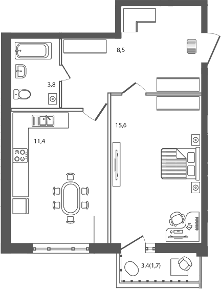 Планировка 1-комнатная 41 м²