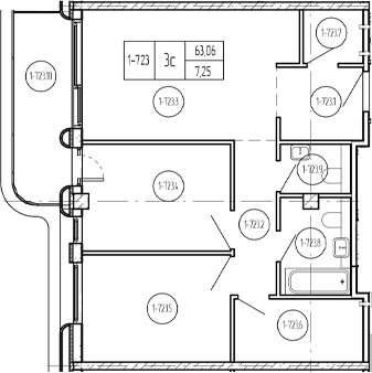 Планировка 3-комнатная 71,43 м²