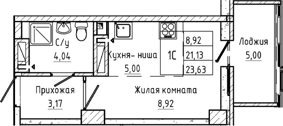 Планировка Студия 23,63 м²