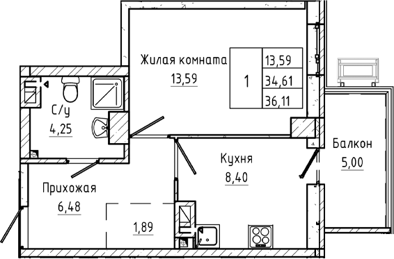 Планировка 1-комнатная 36,11 м²