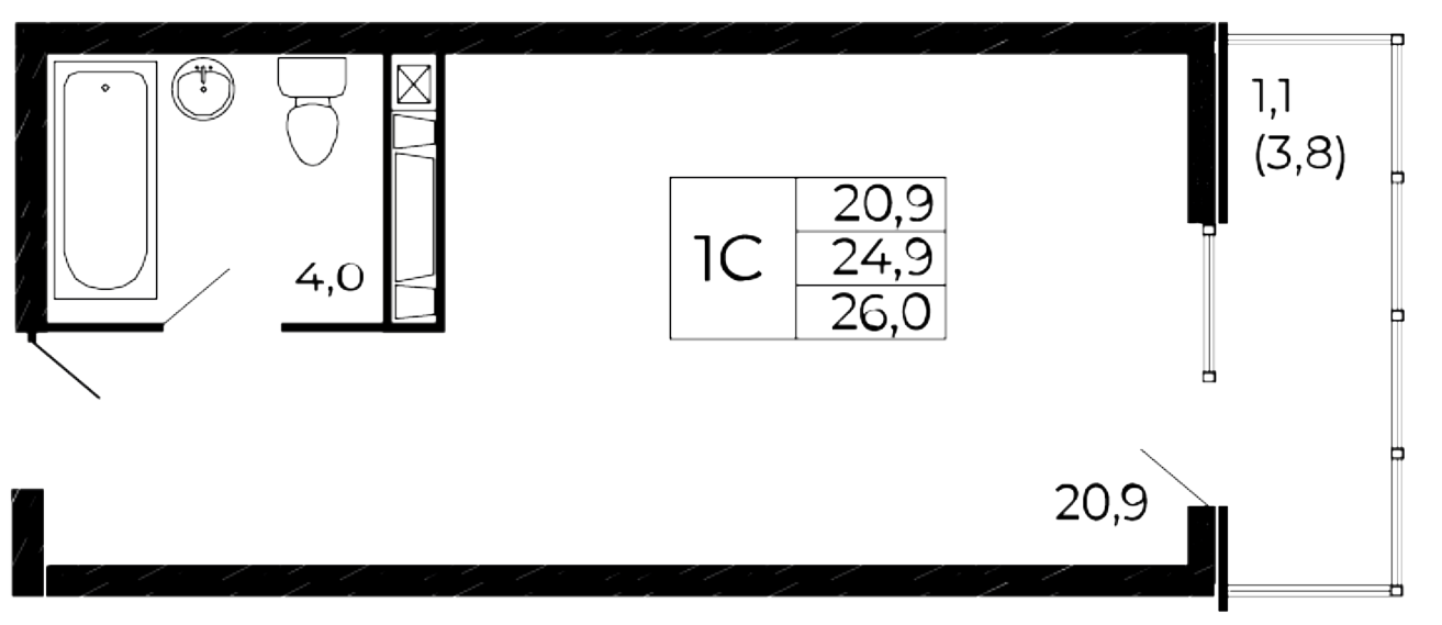 Планировка Студия 26 м²