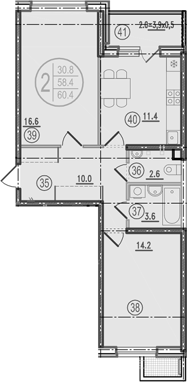 Планировка 2-комнатная 60,4 м²