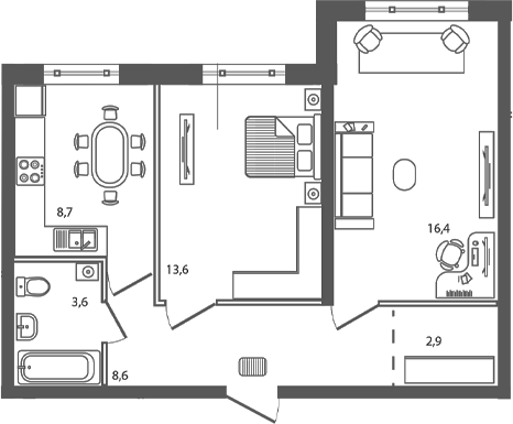 Планировка 2-комнатная 53,8 м²