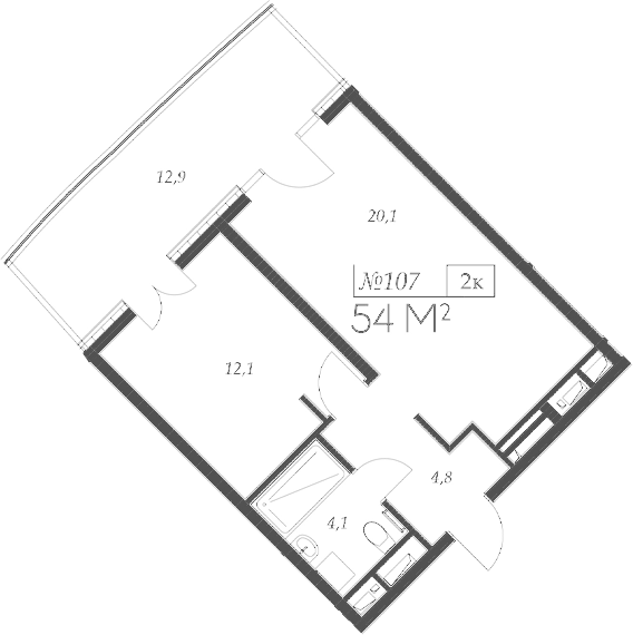 Планировка 2-комнатная 54 м²