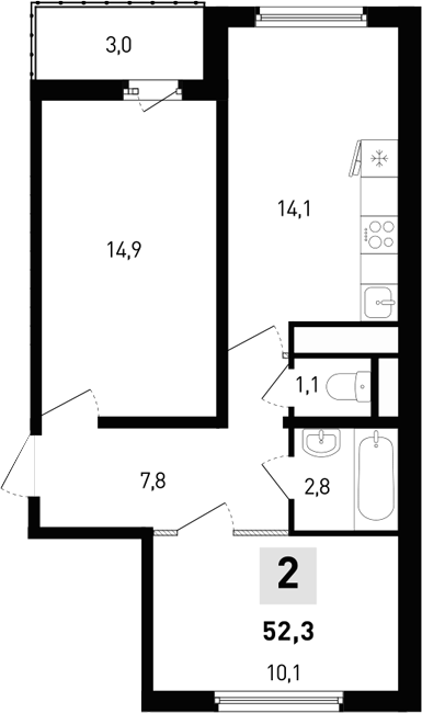Планировка 2-комнатная 52,3 м²