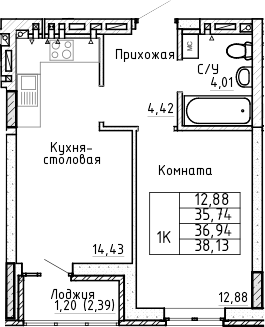 Планировка 1-комнатная 36,94 м²