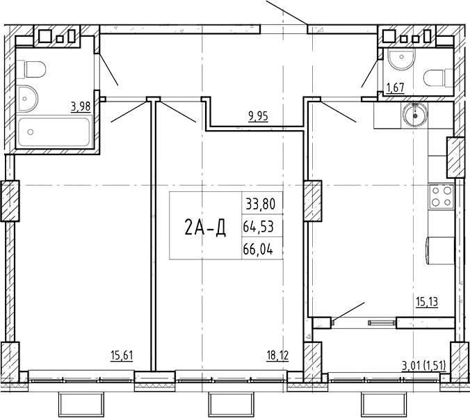 Планировка 2-комнатная 66,04 м²