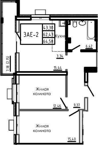 Планировка 3-комнатная 64,58 м²