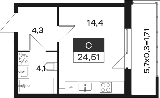 Планировка Студия 24,51 м²