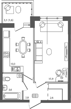 Планировка 1-комнатная 37,8 м²