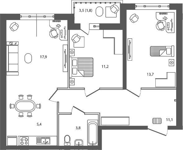 Планировка: 3-комн. квартира 64,9 м²
