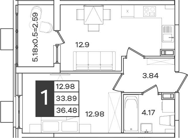 Планировка 1-комнатная 36,48 м²