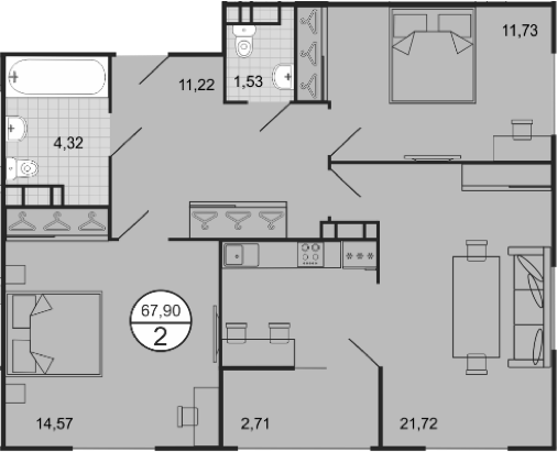 Планировка 3-комнатная 76,98 м²