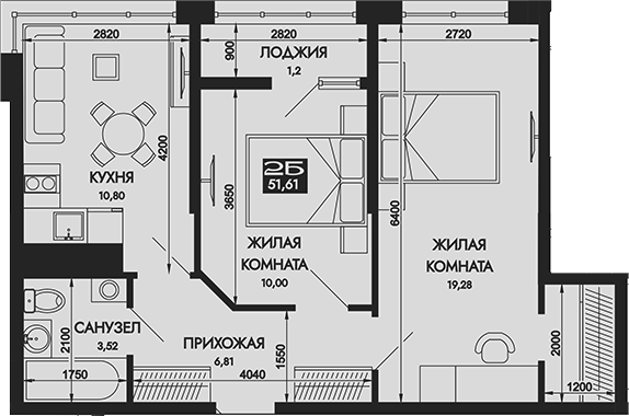 Планировка 2-комнатная 51,61 м²