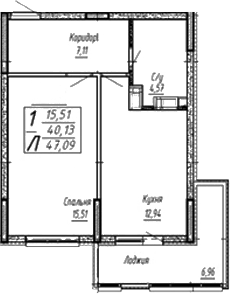 Планировка: 1-комн. квартира 47,1 м²
