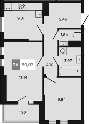 Планировка 2-комнатная 50,03 м²