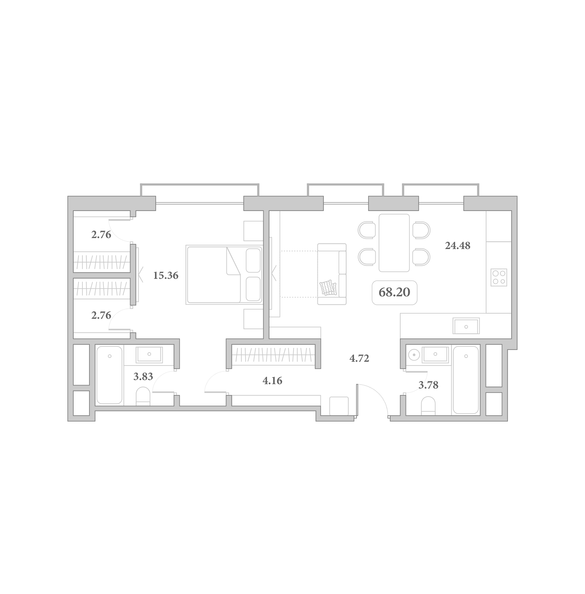 Планировка 2-комнатная 68,2 м²