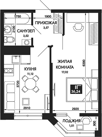 Планировка 1-комнатная 36,24 м²